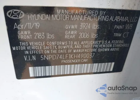 2019 Hyundai Elantra Se z USA, uszkodzony, nr VIN 5NPD74LF1KH490037